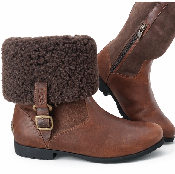 UGG Women's Brown LEATHER Bellvue Ankle Tall SHEARLING Cuff BOOTS shoes Size 8.5 - Picture 3 of 14